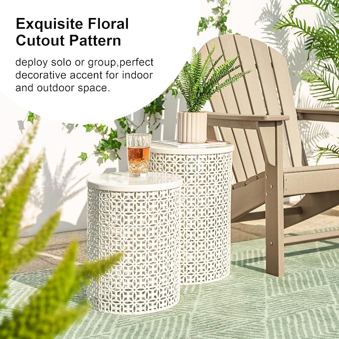 Glitzhome Outdoor Side Table Set of 2, Decorative Garden Stool for Patio, Heavy Duty Metal Frame Accent Table Modern End Table, Cream White | Decorative Garden Stool