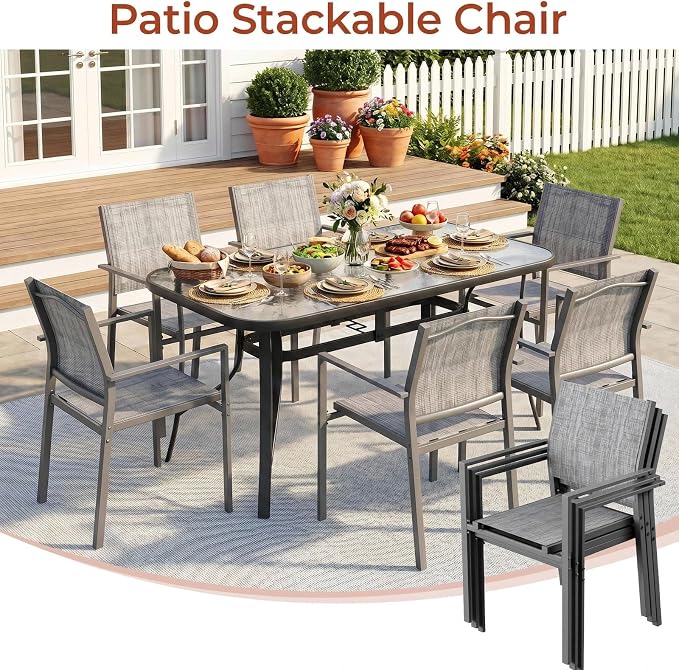 TLSUNNY 7 Piece Patio Dining Set for 6, Outdoor Table and Chairs W/1.69" Umbrella Hole & Metal Frame, 30"X 55" Rectangular Glass Table and Patio Textilene Stackable Chair W/Armrests, for Lawn Deck