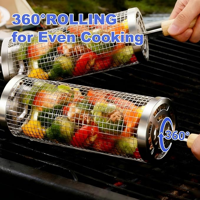 Rolling Grill Basket 2-Pack, Premium 304 Stainless Steel, Removable Wooden Handles, Upgrade Rolling Grill Baskets for Outdoor Grill, BBQ Grill Accessories for Outdoor Grill, Outdoor Gifts for men