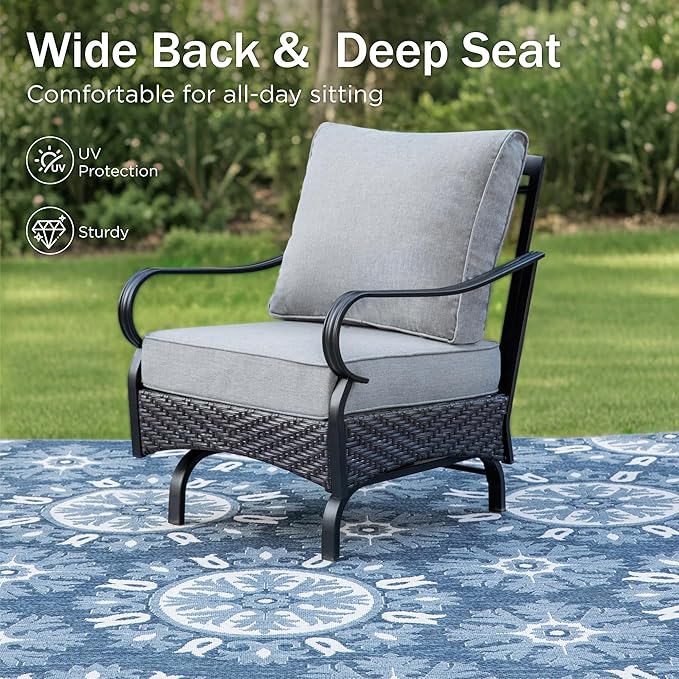 PHI VILLA Outdoor Modern Patio Furniture Set, Upgraded Wicker & Metal Patio Furniture Conversation Set with Waterproof Thick Cushions for Porch, Poolside, Yard (4 Pieces,Grey)