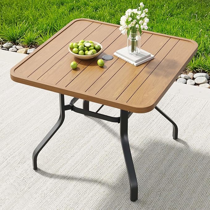 HRVEOCEI 35" Outdoor Square Table with Umbrella Hole, Metal Patio Dining Tables for Lawn Garden, Wood-Like Grain Bistro Table Outdoor for Backyard,Poolside,Deck,Por (Natural, Square)