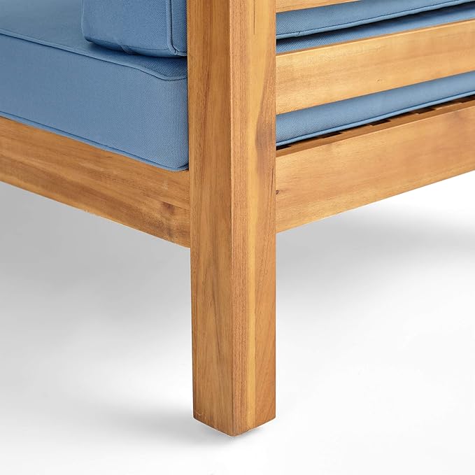 Christopher Knight Home Oana Outdoor Left Arm Loveseat and Coffee Table Set - Acacia Wood - Teak/Blue