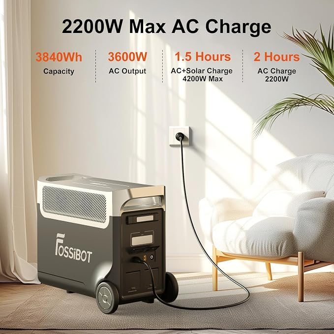 FOSSiBOT F3600 Portable Power Station, 5x120V AC Output 3600W/3840Wh LiFePO4 Battery Expandable to 11520Wh, Electrical Solar Generator for Garage, Home, Off-Grid Living, Camping, RVs