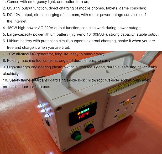 Emergency Hand Generator, 30W/150W500W Outdoor Portable Manual Hand Crank Generator with USB Charger, LED Emergency Light, Household Powerful Emergency Power Supply,150W