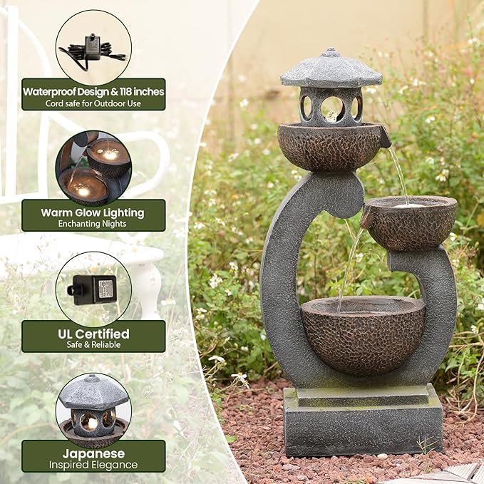 Tankana 36 inches Garden Water Fountain Outdoor Zen Pagoda Japaness Modern Tranquil Waterfalls Fountains Bowl with LED Lights & Pump for Patio Yard Porch Deck Home Decor Gray