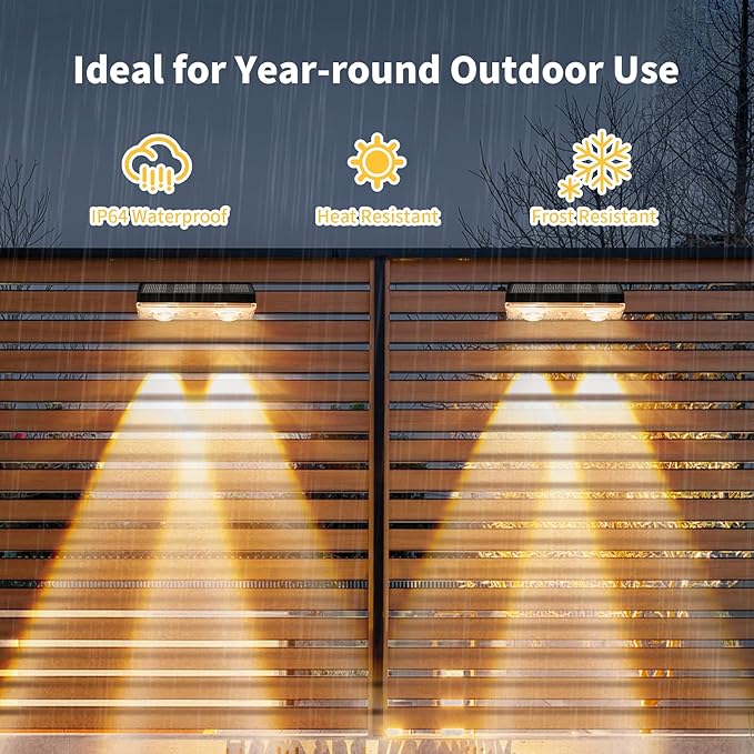 Solar Fence Lights Outdoor 2 Pack – Warm White with IP65 Waterproof Solar Deck Lights, 3000K Soft Ambient Glow for Fence Post, Backyard, Patio, Pathway – 12+ Hour Runtime, No Wiring, Auto On/Off