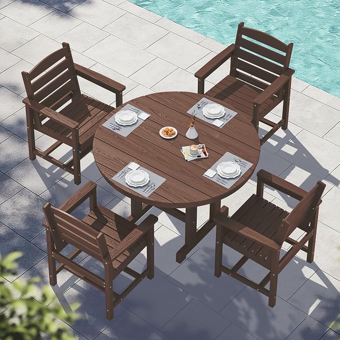 SERWALL 5-Piece Patio Dining Sets, HDPE Outdoor Table and Chairs Furniture Set, 45" Round Dining Table and 4 Dining Chairs, Coffee