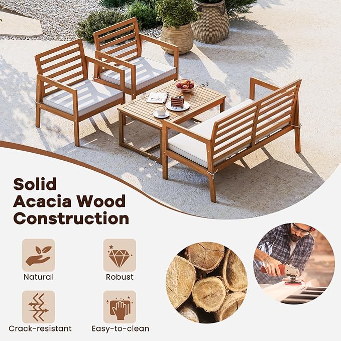 HAPPYGRILL 4 Piece Wood Patio Conversation Set, Armchairs Loveseat & Coffee Table Set with Cushions, Acacia Wood Frame, Outdoor Furniture Set for Porch, Garden, Backyard, Poolside