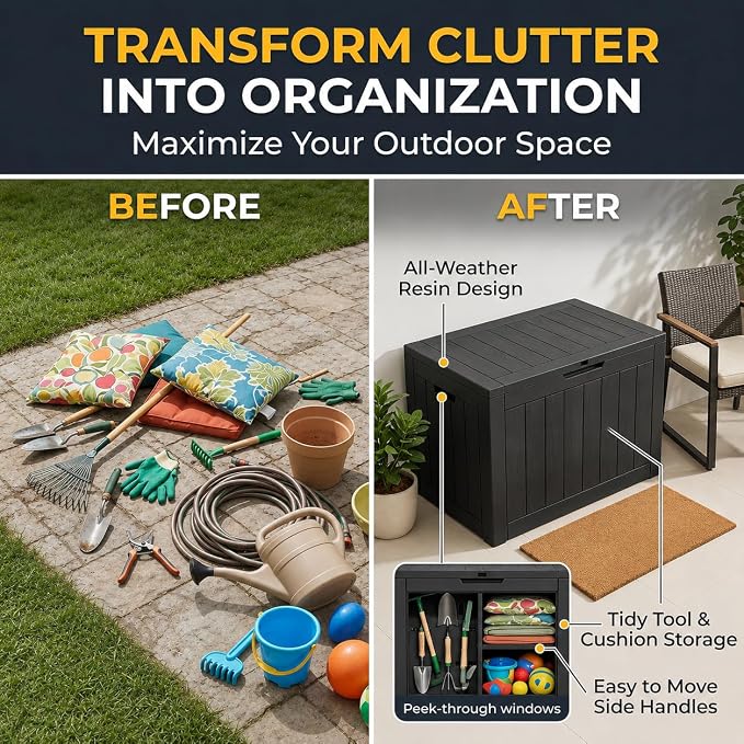 31 Gal Resin Deck Box, Outdoor Storage Bench Side Table for Patio Cushion | Versatile outdoor storage: Organizes single yard mats, pool accessories, garden hoses, or front porch parcels.