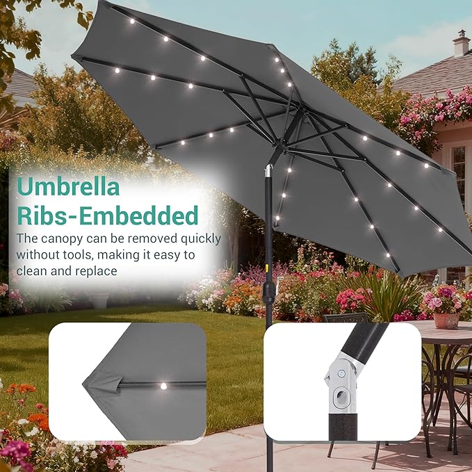 9ft Patio Umbrella Outdoor with Solar Lights,32 LED Lighted Table Market Umbrella with Tilt and Crank, 2-Year-Non-Fading, 8 Sturdy Ribs,for Pool, Deck, Garden,Backyard