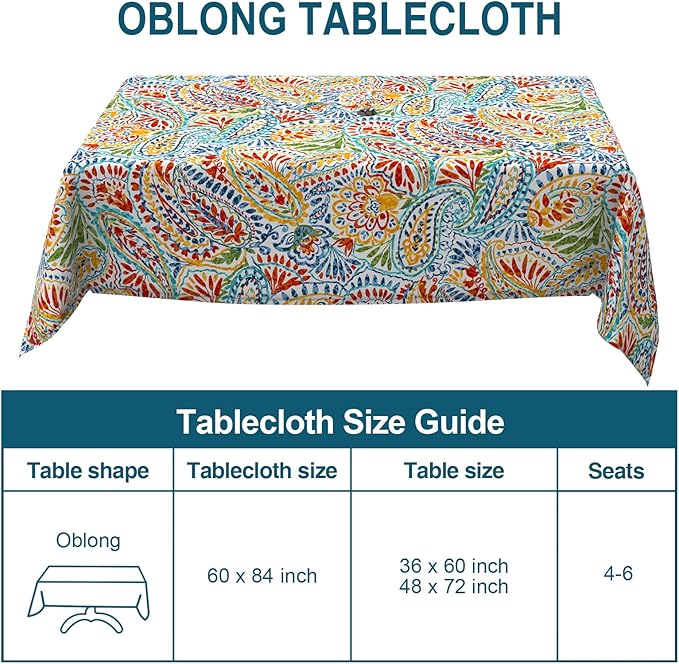 DYTXIII Outdoor Rectangle Tablecloth with Umbrella Hole and Zipper 84" x 60", Water Repellent Floral Picnic Cover, Fade & Wrinkle Resistant Tablecloth for Patio/Garden/Party Table, Paisley Multi
