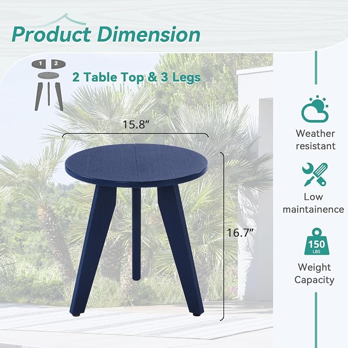 HDPS Outdoor Side Table, Small Round Side Table Weather-Resistant, Outdoor Side Tables for Patio, Porch, Deck, End Table for Plant Stand, Living Room, Bedroom, Navy