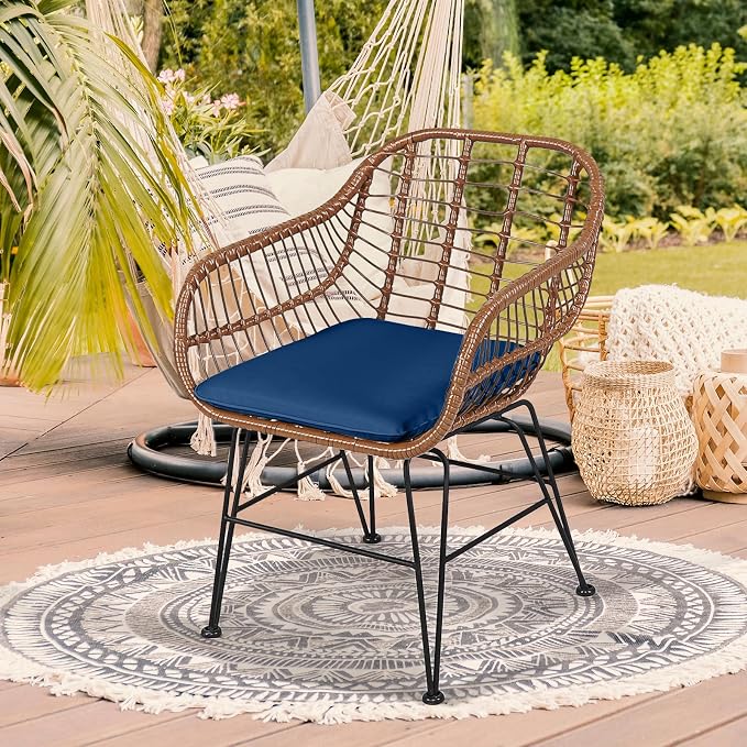 COSTWAY 3 Pieces Patio Bistro Set, Outdoor Rattan Conversation Seating Chair Set with Coffee Table & Soft Cushions, Indoor Wicker Furniture Set for Garden, Balcony, Porch, Pool, Navy