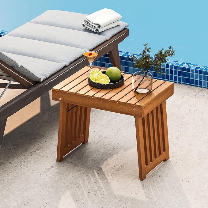HAPPYGRILL Outdoor Folding Side Table, Foldable Patio Acacia Wood End Table with Slatted Tabletop & Leg Frame, Small Outside Table for Backyard Poolside Porch (Teak Finish)