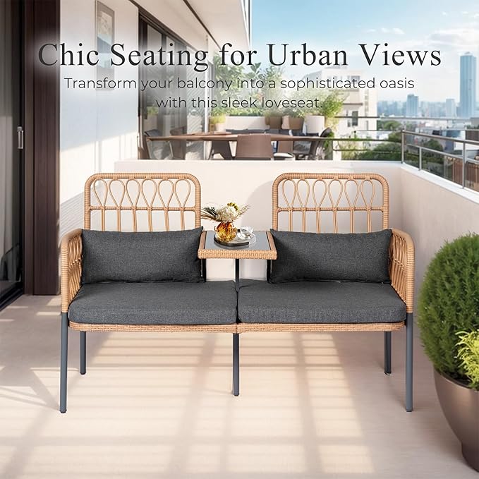 PROHIKER Patio Furniture Outdoor Rattan Loveseat 2-Seat with Built-in Table, Lumbar Pillows and Cushions, All-Weather Wicker Loveseat Porch Chairs for Balcony, Lawn, Backyard