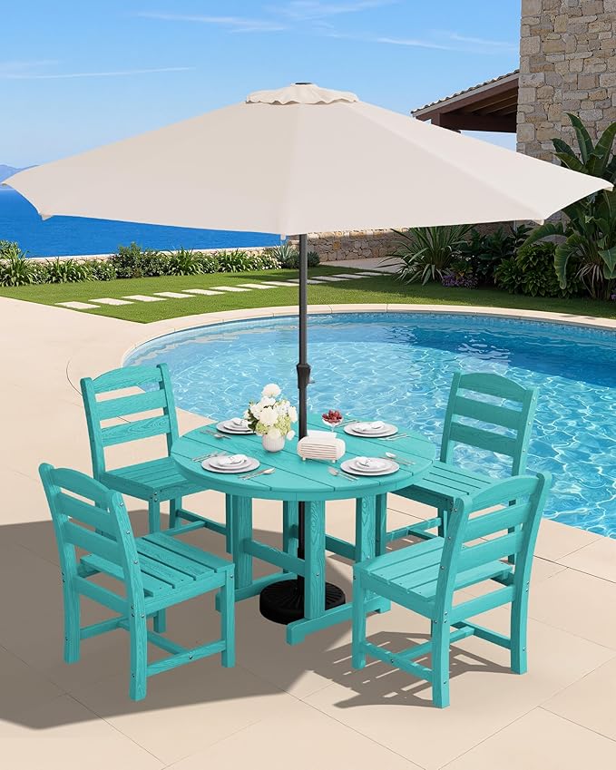 SERWALL 6-Piece Patio Dining Sets, HDPE Outdoor Table and Chairs Furniture Set with Umbrella, 45" Round Dining Table & 4 Armless Dining Chairs & 1 9FT Umbrella, Aruba(Not Include Umbrella Base)