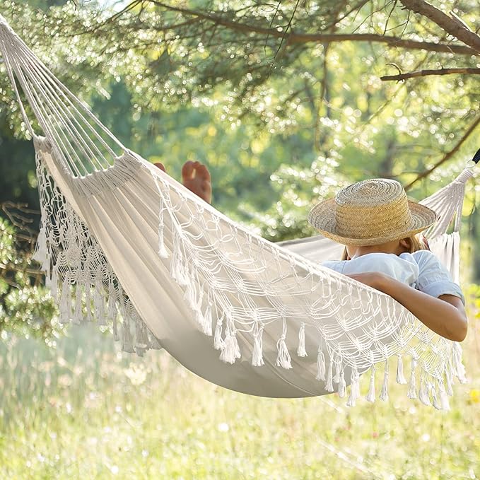 Hammock Boho Large Brazilian Macrame Fringe 2 Person Double Deluxe Hammock Swing,Perfect for Camping Outdoor/Indoor Patio Travel Bedroom Backyard(White)