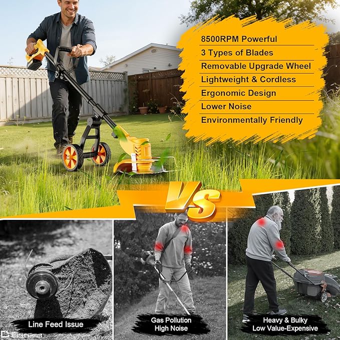 Electric Weed Wacker Cordless with Wheels,Electric Weed Eater Battery Powered,4 in 1 Grass Trimmer/Brush Cutter/Grass Edger/Small Lawn Mower,No String Trimmer with Metal Blade,2 Battery (Yellow)