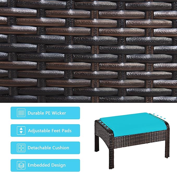 DORTALA 5 Pieces Patio Furniture Set, Outdoor Rattan Conversation Set with Cushions, Glass Table, Ottomans & Chairs, Wicker Sofa Set Backyard Garden Balcony, Turquoise