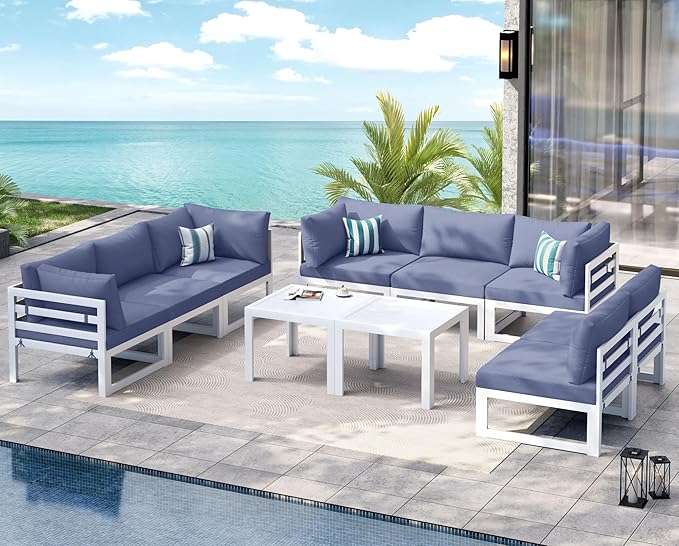 NICESOUL 8 People Extra Large Luxury Aluminum Patio Conversation Set for Backyard Garden, 29" Deep Wide Seat, U Shaped Modular Sectional Couch, 500 lbs Heavy Duty All Weather Outdoor Sofa, Denim Blue