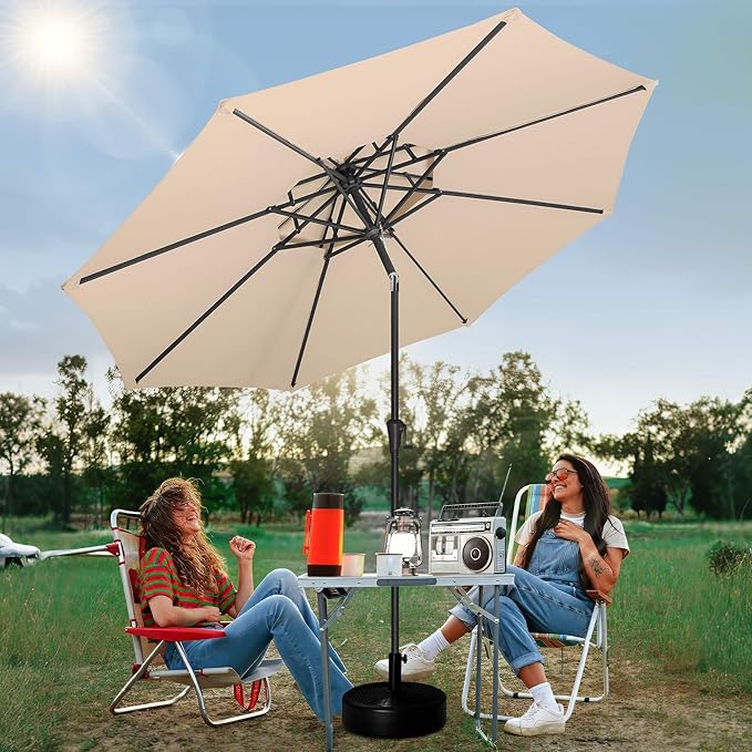 FLAME&SHADE 2 Tiers 9ft Solar Light Patio Umbrella, 40 LED lights outdoor umbrella with Centre Surround Light, Table Market Umbrella for Deck, Pool, Porch, Backyard, Garden (Beige)