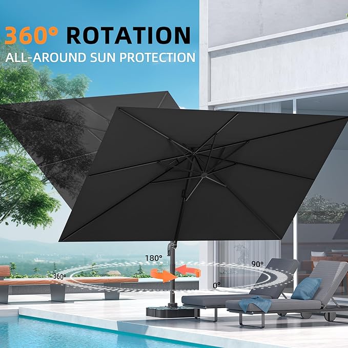 9' X 12' Cantilever Outdoor Patio Umbrellas Double Top Large Rectangle Umbrella Heavy Duty 360°Rotation Offset Umbrella for Garden Deck Pool Patio, Black