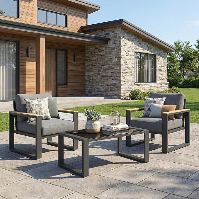 RoyalCraft Aluminum Outdoor Patio Furniture Set with Height-Adjustable Footrest, 3 Pieces All-Weather Patio Sofa Sets with Coffee Table for Porch Backyard Garden Patio, Grey