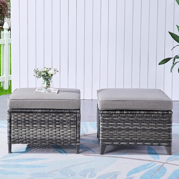 Rilyson Outdoor Ottoman Wicker Patio Ottomans - 2 Piece Footrest Footstools Set Rattan Outdoor Ottomans for Patio with Thick Cushions(Mixed Grey/Grey)