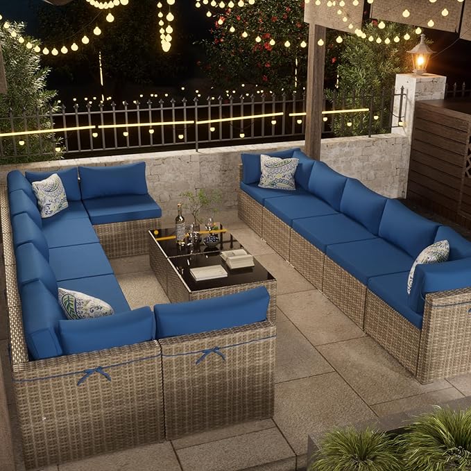 14-Piece Gray Rattan Patio Furniture Sets, Outdoor Conversation Sofa Sets with Water Resistant Blue Cushions & Tempered Glass Coffee Table, Modular Outdoor Sectional Sofa Sets with 2 Pillows