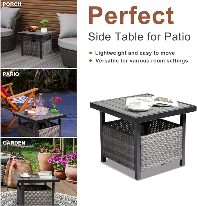 Outdoor Patio Umbrella Stand Table, All Weather Small Wicker Side Table with Umbrella Hole, 22 in Rattan Base Table (Grey)