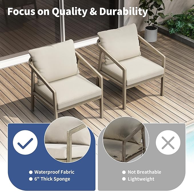 Patio Conversation Sets Outdoor Armchair, 2 Piece Aluminum Patio Sofa Chairs with Washable Thick Cushions, Modern All-Weather Patio Furniture Sets for Garden, Backyard, Porch (Grey+Beige)