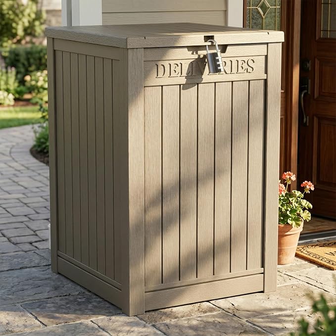 EasyUp Package Delivery Boxes for Outside, 55-Gallon Lockable Parcel Drop Box, Large Double-Walled Resin Weatherproof Storage Porch Box for Deliveries and Patio(Grey)
