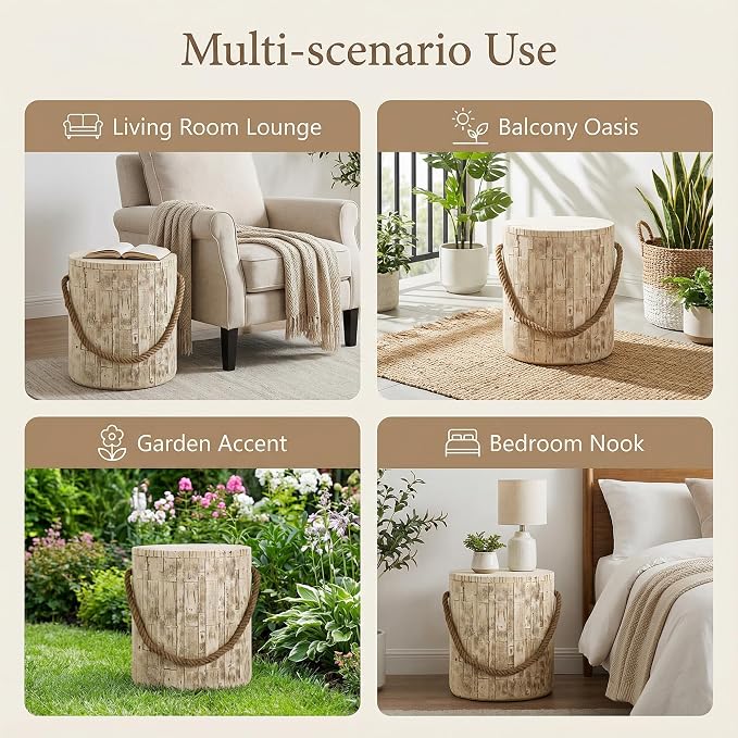 Polibi Outdoor Indoor Side Table Wood Grain Look, Rustic MGO End Table with Decorative Braided Cord, Small Farmhouse Accent Table for Couch, Patio, Balcony, Ready to Use