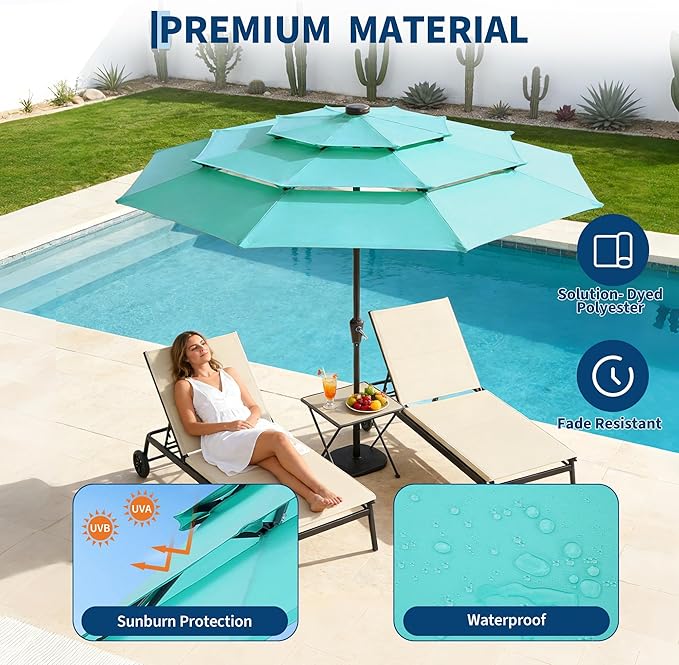 Garvee 9ft 10ft Patio Umbrella with Solar Lights, 3-Tier Umbrella Outdoor Patio with LED Lights, Ventilation, Easy Crank & Tilt, 8 Sturdy Ribs, UV Protection, Large Patio Umbrella for Deck, Pool