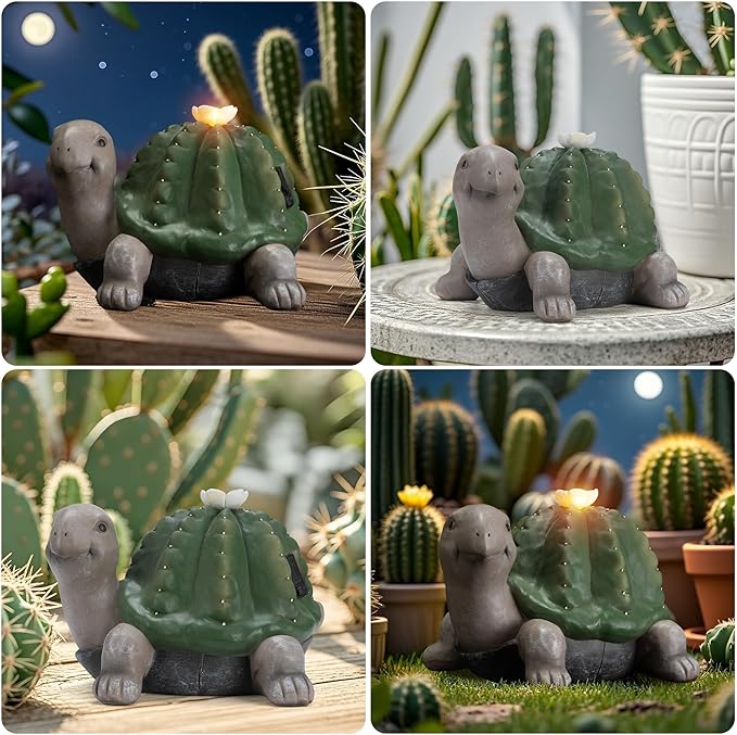 Etlemonde Solar Cactus Turtle Statue Garden Decor Light - Outdoor Decorative LED Flower, Suitable for Patio, Lawnand Garden Decorations, Gifts for Mom