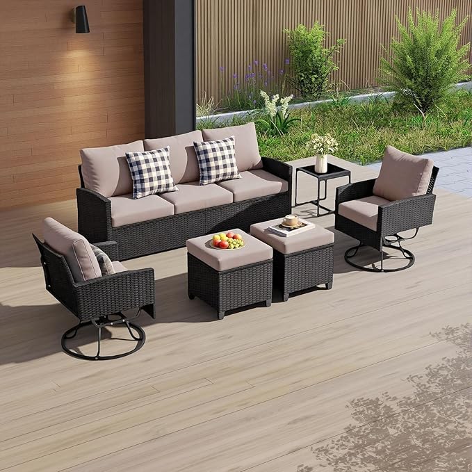 6 Piece Outdoor Furniture Set, Rattan Patio Furniture with 2 Swivel Chairs, 3-Seat Sofa, 2 Ottoman & Side Table, All-Weather Conversation Set for Porch Garden Lawn Balcony (Black & Gray)