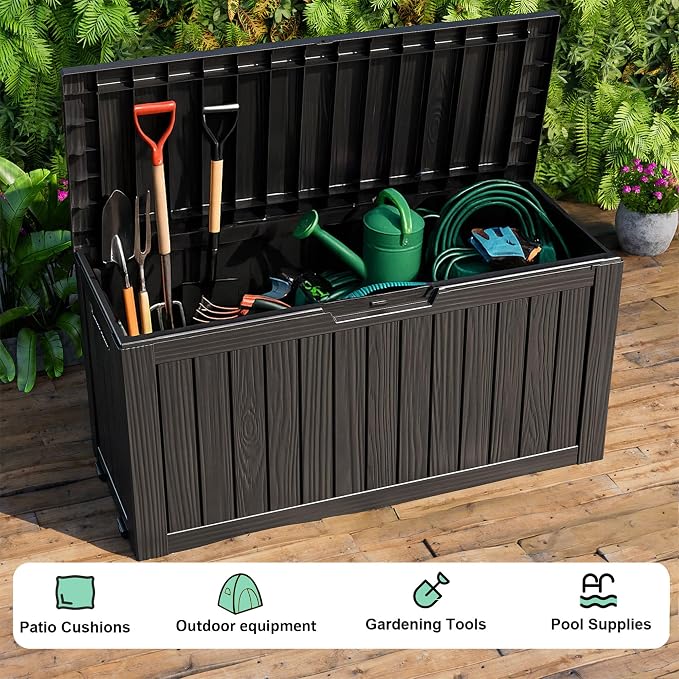 PatioZen 75 Gallon Outdoor Deck Box,Waterproof Resin Outdoor Storage Boxes, Outside Storage Lockable Container for Garden Tools,Indooor Cushions,Accessories (Black)