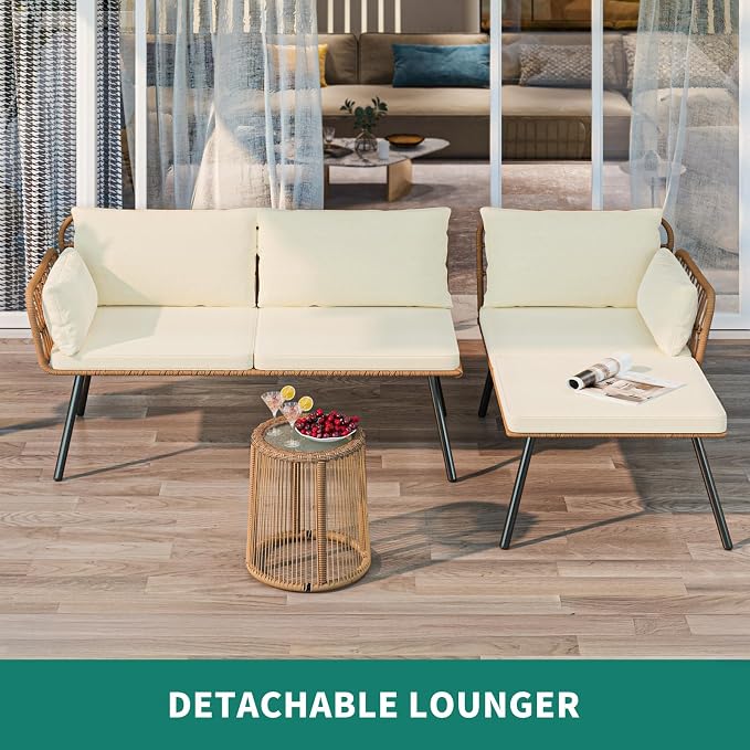 YITAHOME Rope Woven Sectional L-Shaped Sofa, 3 Pieces Patio Furniture Set for Patio Backyard Poolside, Wicker Conversation Set with Cushions, Detachable Lounger, Side Table - Beige