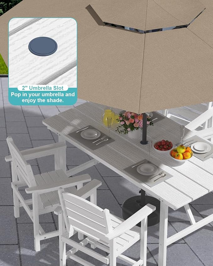 PLUUV 66" Outdoor Dining Table, All-Weather HDPE Rectangular Patio Table with 2” Umbrella Hole, Weatherproof, White