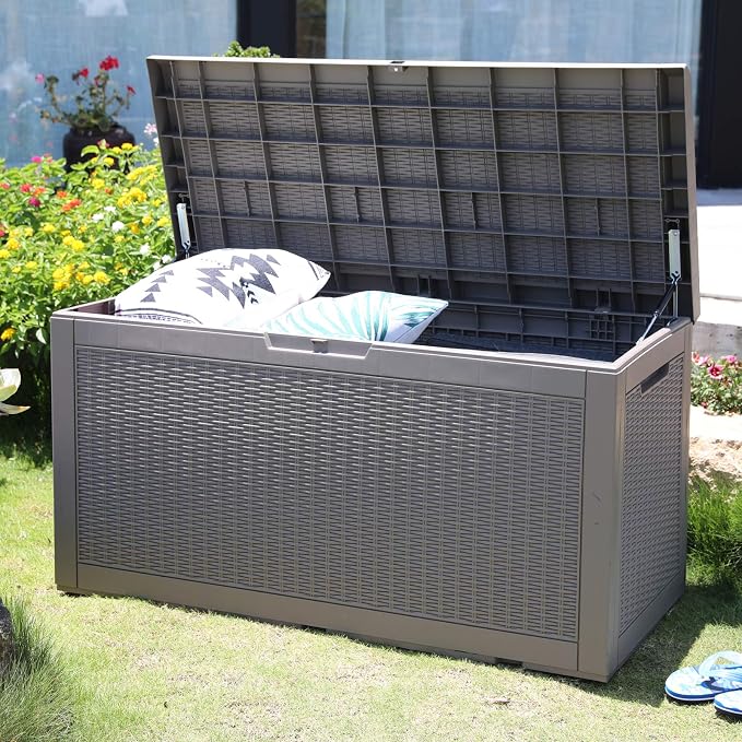 Modern-Depo 100 Gallon Deck Box Waterproof Outdoor Storage Bench | Polypropylene PP Pool Towel Storage Bin Porch Delivery Box with Seat Cushion, Gray