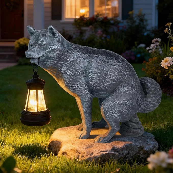Discreet Wolf Garden Statue - The Loyal Guardian's Surprise Solar Lantern - Unique Dog Resin Figurine for Lawn Patio Yard - Funny Gag Gift for Gardeners - Birthday Gifts for Grandma Mom Women