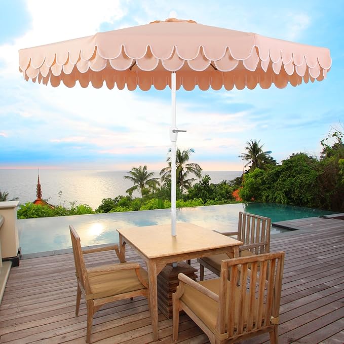 JONATHAN Y Tracy 9 ft. Outdoor Patio Umbrella with Scalloped Edge, Coastal Market Table Umbrella with Crank Lift and Tilt, 8 Sturdy Ribs UV Resistant for Pool, Coral Pink, White Pole UMB1002H