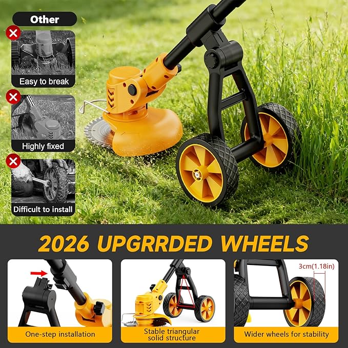 Electric Weed Wacker Cordless with Wheels,Electric Weed Eater Battery Powered,4 in 1 Grass Trimmer/Brush Cutter/Grass Edger/Small Lawn Mower,No String Trimmer with Metal Blade,2 Battery (Black Yellow)