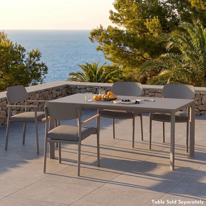 Modern Shade Lusso Outdoor Dining Chairs Set of 4, Fade Resistant, All-Aluminum Outdoor Chairs with FSC Teak Wood Armrests, Weather-Resistant Patio Chair with Quick Dry Cushion, Gray
