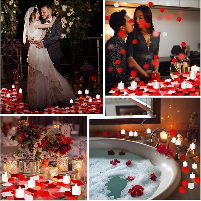 Coume 6000 Pcs Artificial Rose Petals with 72 Pcs Flameless LED Candles Romantic Decorations Fake Candles Anniversary Decorations for Valentine's Day Wedding Night(White with Red Series Petal)