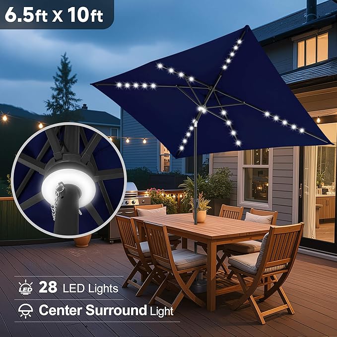 FLAME&SHADE 6.5 x 10 ft Rectangular Solar Powered Outdoor Market Patio Table Umbrella with LED Lights and Tilt, Navy Blue