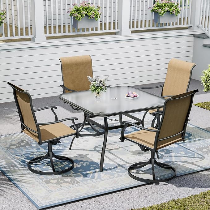 Outdoor Patio Set, 37" Square Glass Dining Table and 4pcs Swivel Chairs, All-Weather Patio Furniture Set with 1.7" Umbrella Hole for Garden Backyard Lawn Poolside