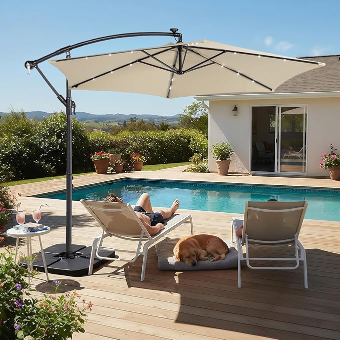 VINGLI 10 ft Cantilever Patio Umbrella, Offset Cantilever Outdoor Umbrella with Solar Lights, Easy Crank & Tilt Adjustment for Backyard, Poolside, Deck