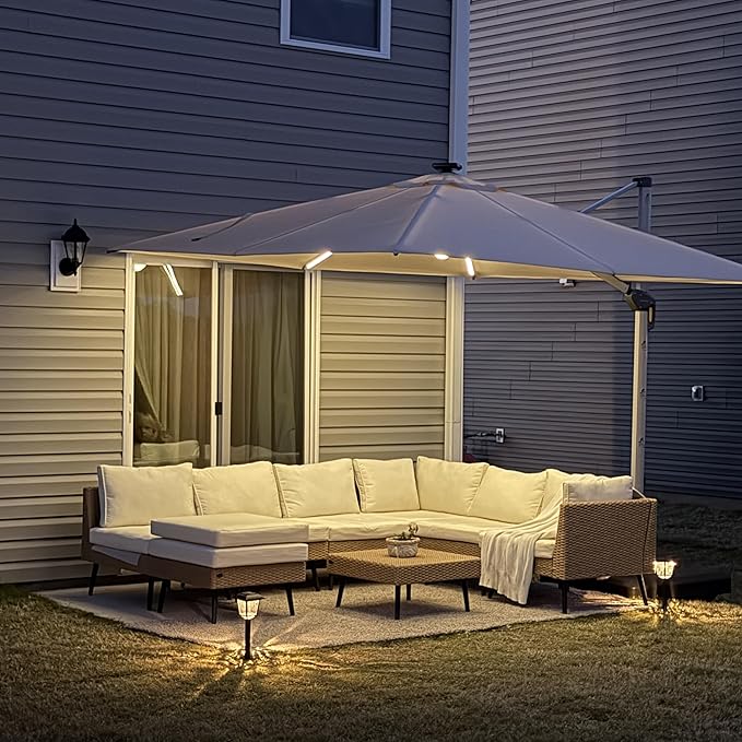 PURPLE LEAF 9 Feet Patio Umbrella with Lights Outdoor Square Cantilever Umbrella Solar Powered LED with 360-degree Rotation for Garden Deck Pool Patio, Beige