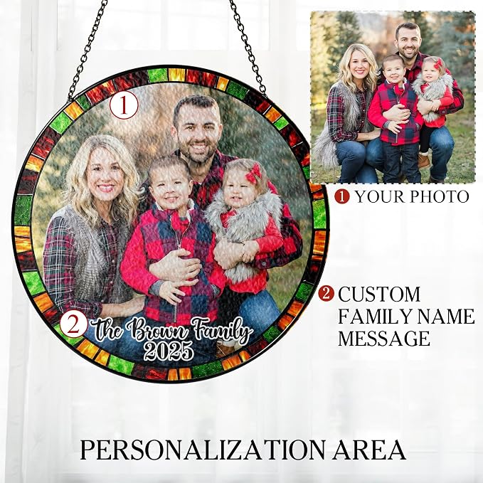 Personalized Stained Glass Christmas Suncatcher – Custom Family Photo Window Decor – First from Mom and Dad – Festive Holiday Keepsake Ornament